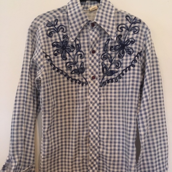 Vintage Tops - vintage 70s blue gingham western shirt